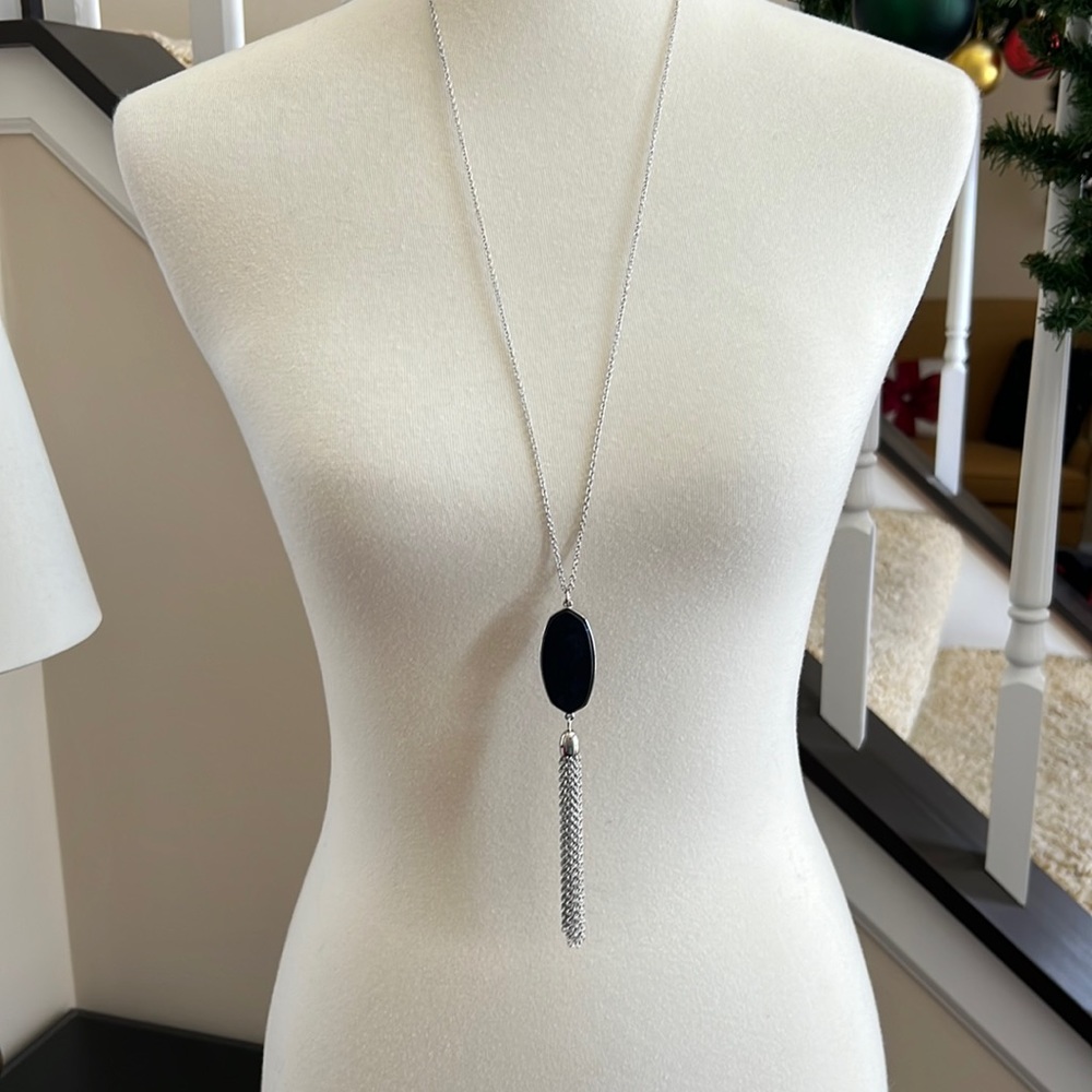 No. 3 brand silver tone necklace with faux black stone and tassel NWT